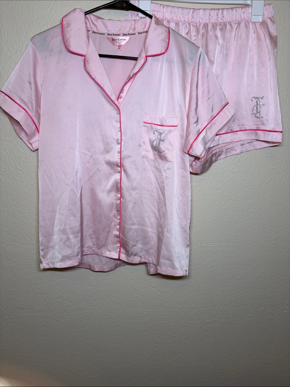 Juicy Couture Light Pink Satin Short Sleeve Pajama Set with Hot Pink Piping